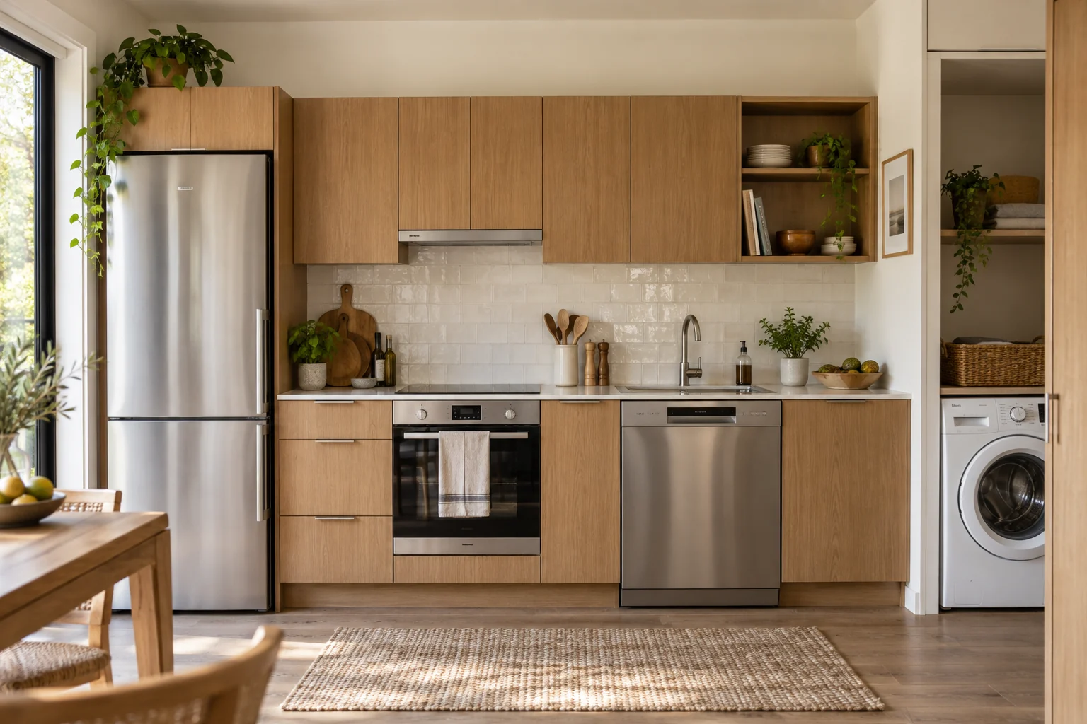 Kitchen with refrigerator, oven, dishwasher and washing machine