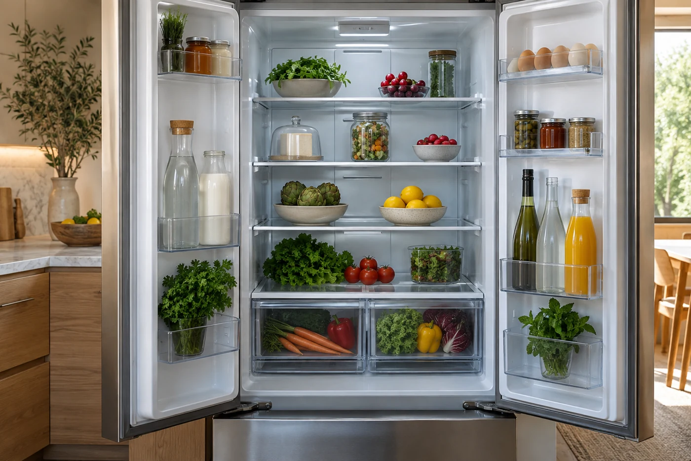 Open refrigerator with neatly arranged fresh ingredients