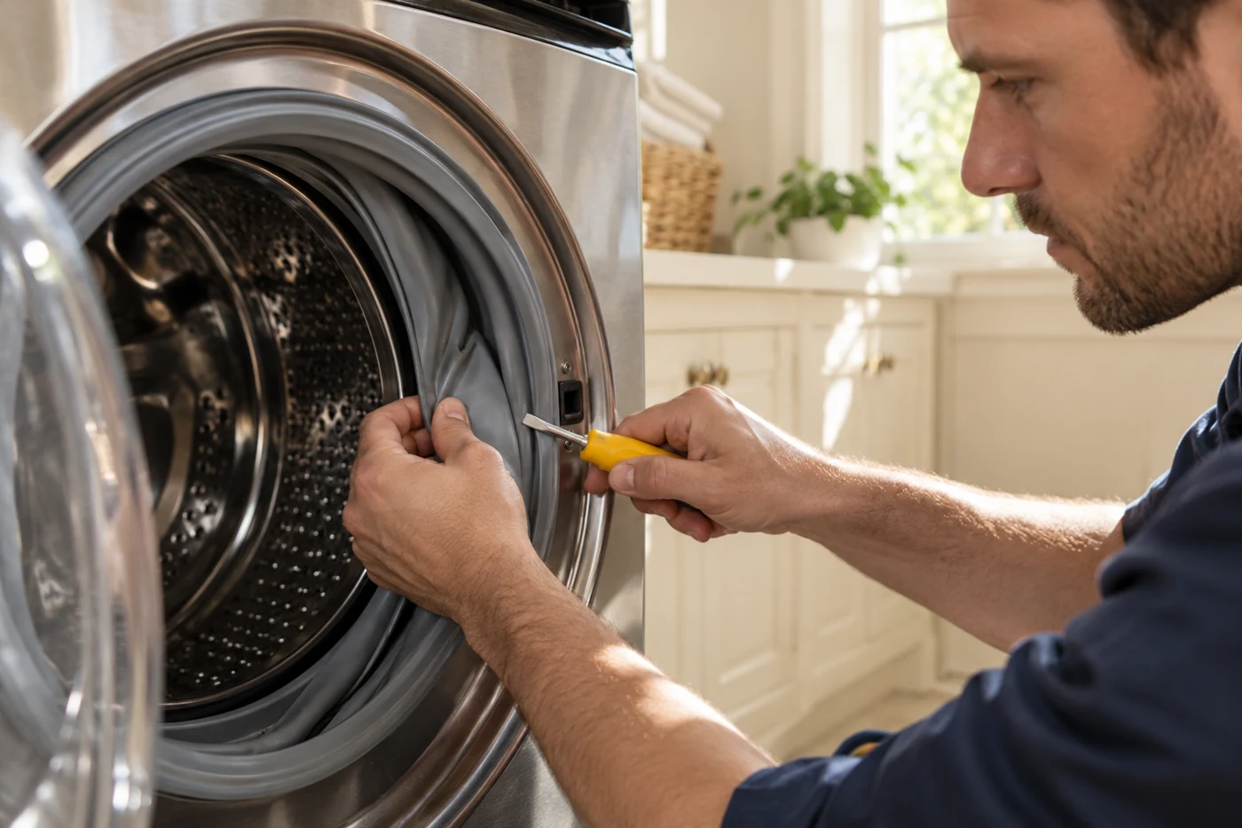 Close detail of a technician inspecting a washer