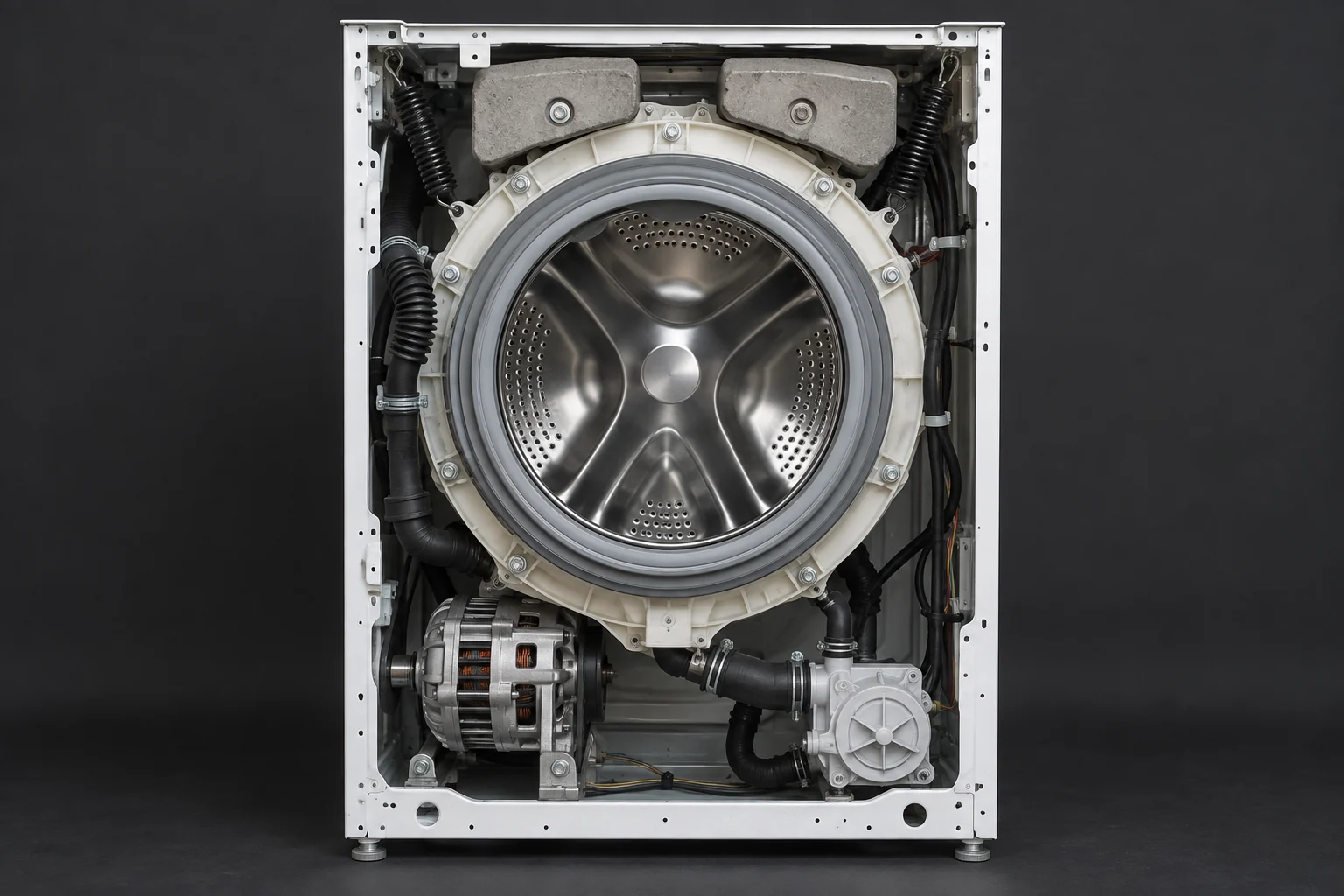 Illustrative view of the drum, pump and suspension inside a washing machine