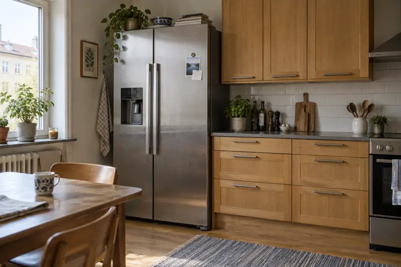 Refrigerator in a naturally lit home kitchen