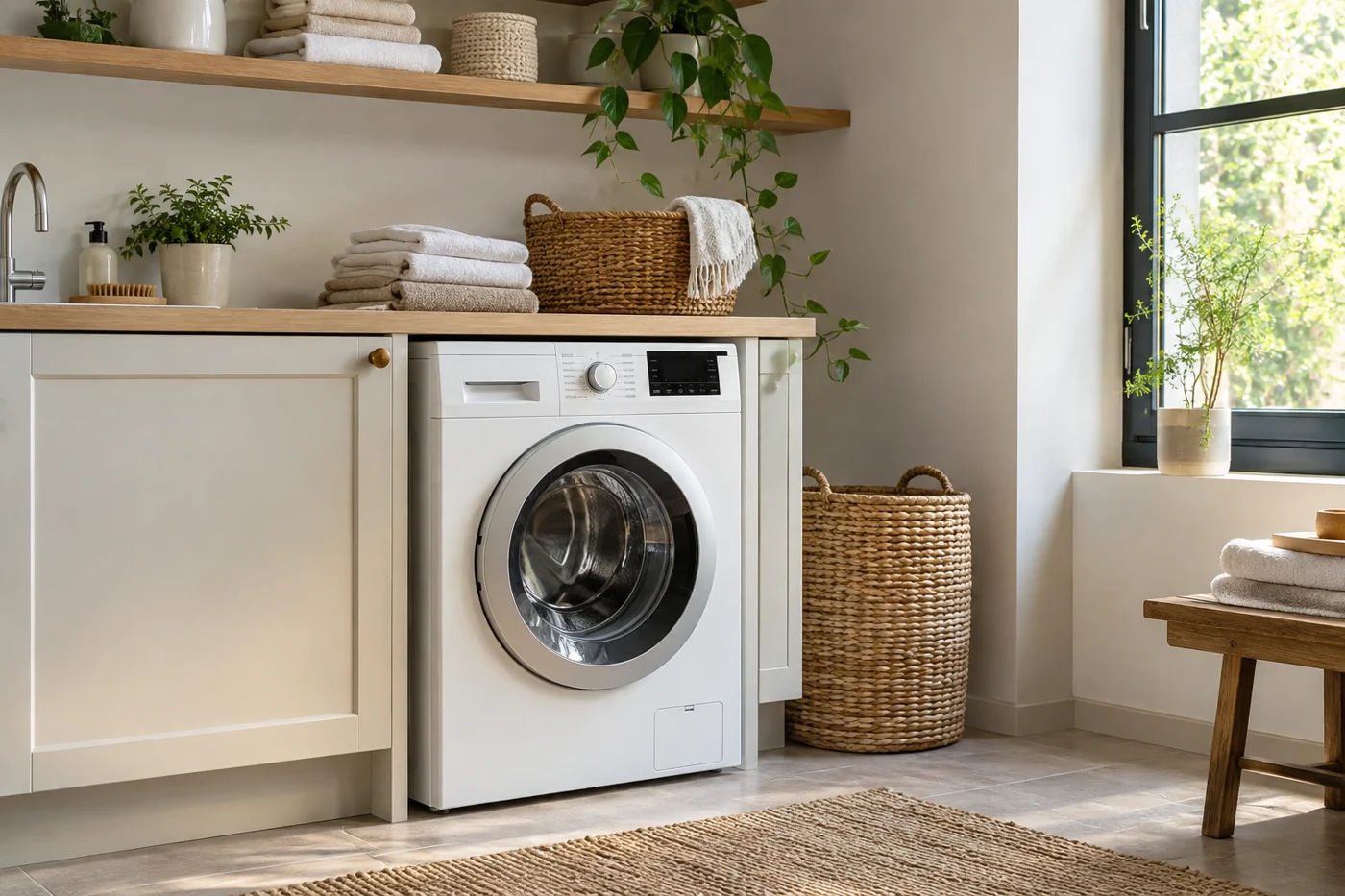 Bright laundry space with a washing machine and neatly folded towels